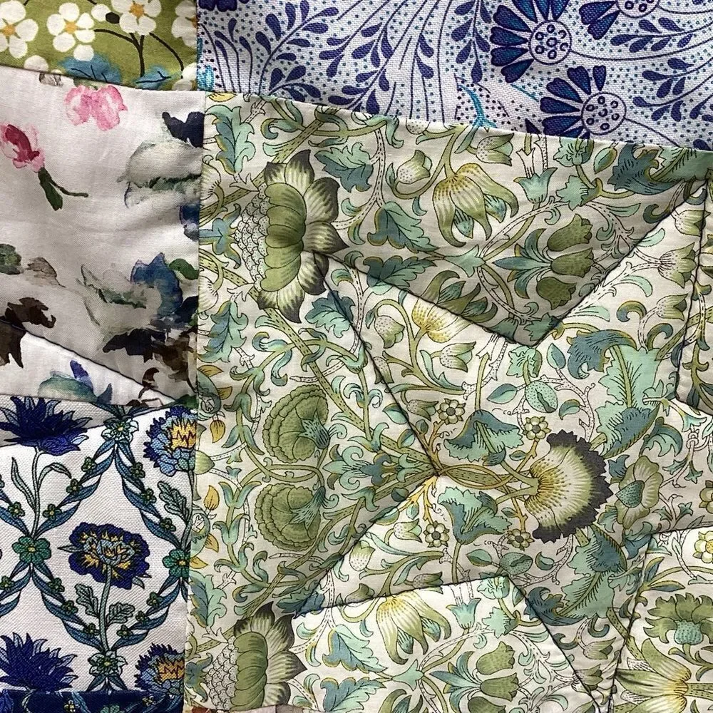NWT. Hand Crafted Blues and Green Liberty Lawn Fabrics Garden Quilt with Stars